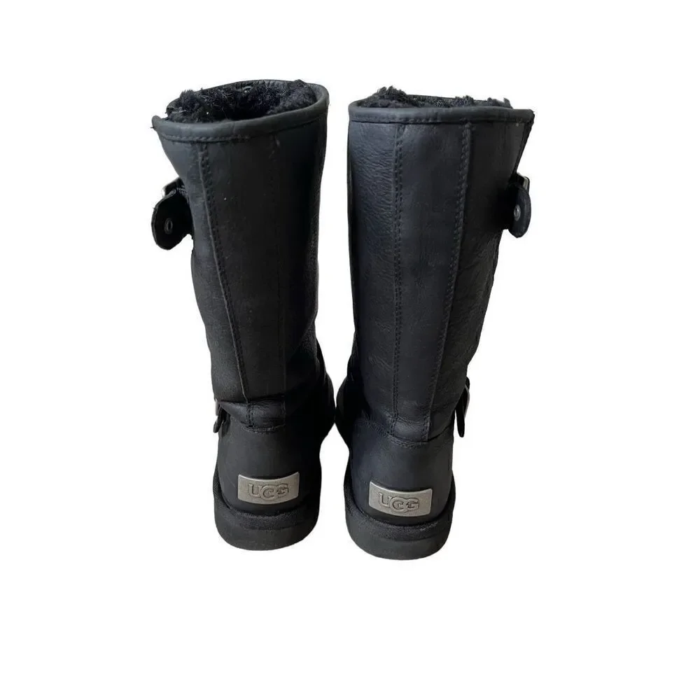 UGG Australia Women Sutter Black Leather Dual Buckle Moto Biker Boots size‎ 6